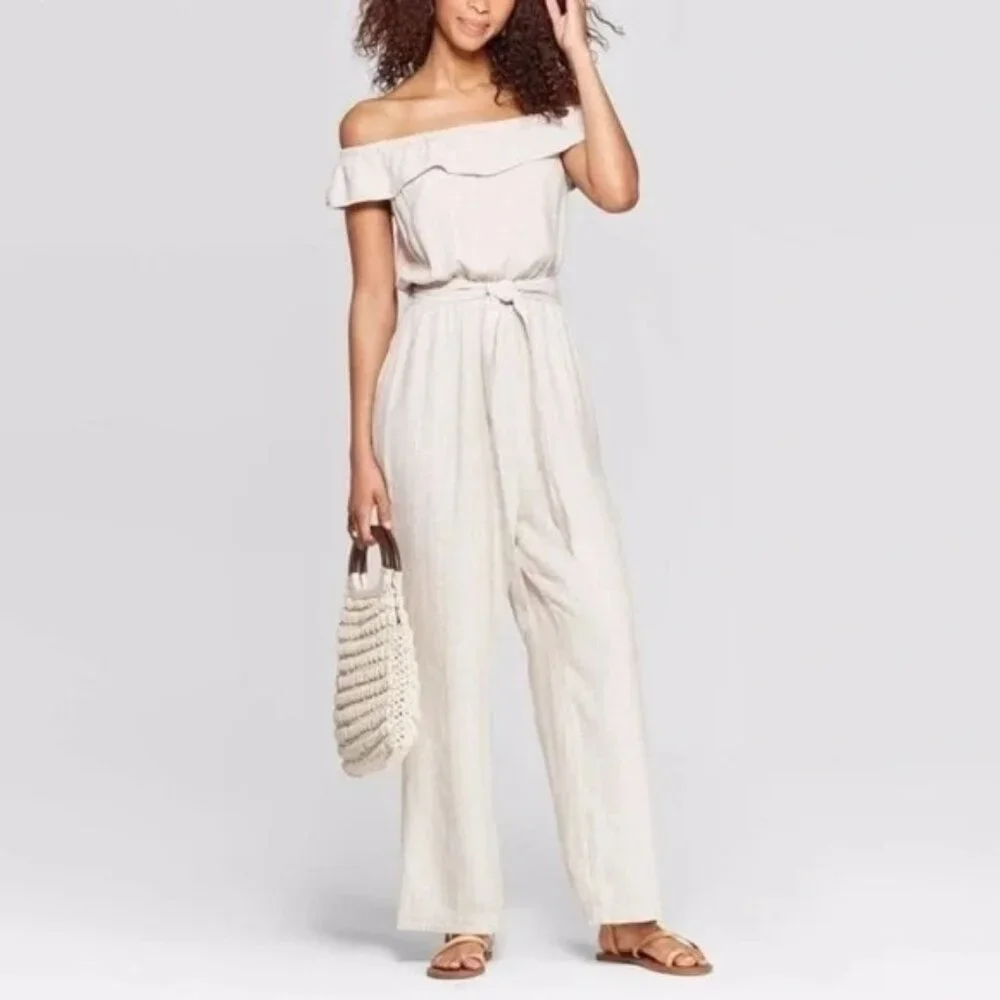 Universal Thread Stripe Linen Off Shoulder Jumpsuit in Tan/White - Size L
